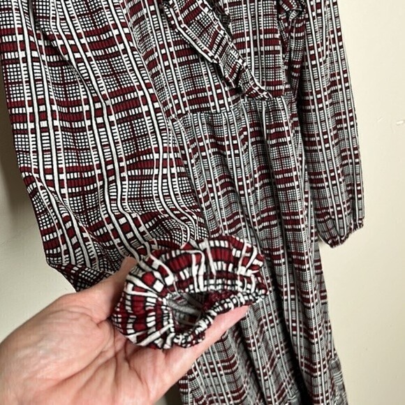 ASOS DESIGN MIDI SMOCK DRESS FRILL NECK BLACK & RUST CHECK PRINT SIZE 4P - Picture 9 of 11